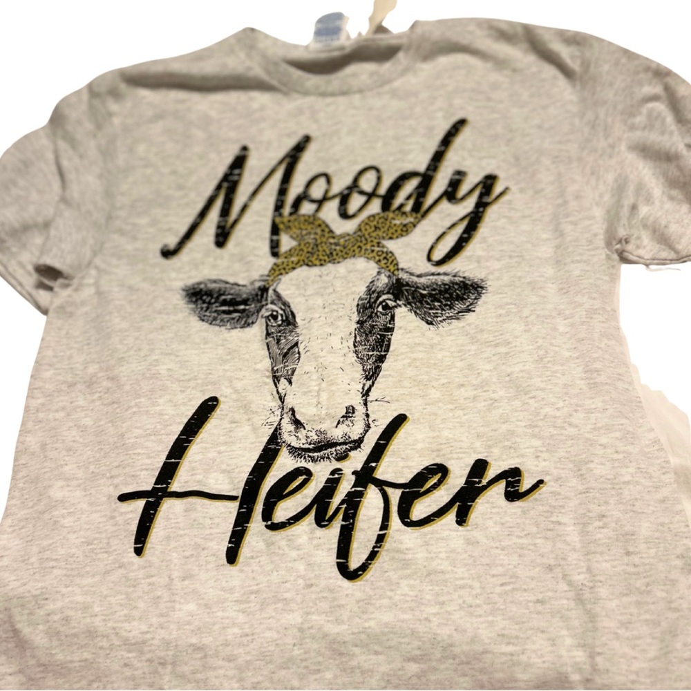 Delta Gray Tee with Leopard Print, Moody Heifer, Cow